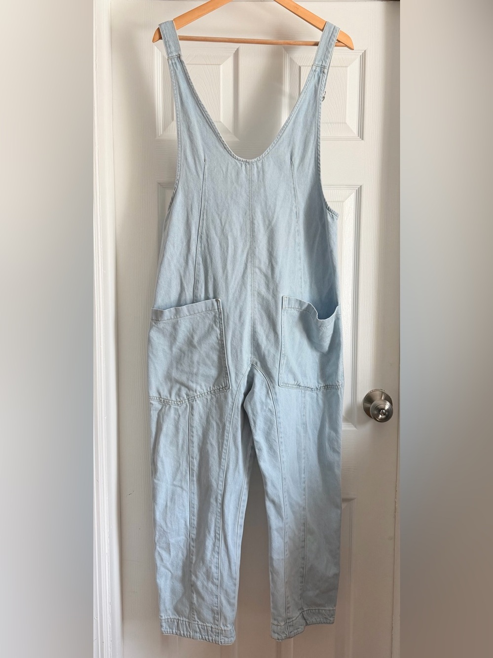 We The Free Light Blue Denim Overalls with Front Patch Pockets - Picture 2 of 4